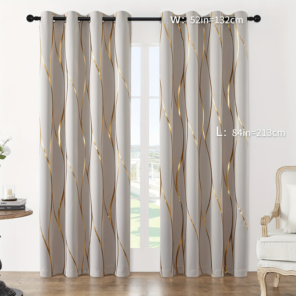 Blackout Curtains Glam Style 2 Panels - Grommet Top Room Darkening Drapes with Gold Foil Wave Pattern, Thickened Polyester Heat Insulation for Living Room & Bedroom