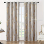 Blackout Curtains Glam Style 2 Panels - Grommet Top Room Darkening Drapes with Gold Foil Wave Pattern, Thickened Polyester Heat Insulation for Living Room & Bedroom