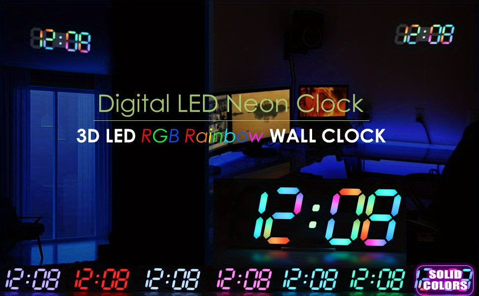 RGB Neon LED Digital Wall Clock 9.7" Large Display with Remote Control – 3D Aesthetic Alarm Clock, Adjustable Brightness, Date & Temperature Display for Bedroom, Living Room, Office, Gym
