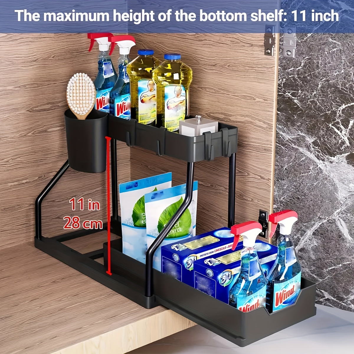 Under Sink Organizer with Sliding Shelves 2 Pack Multi-Purpose Plastic Cabinet Storage Basket for Bathroom Kitchen Black White Durable Construction