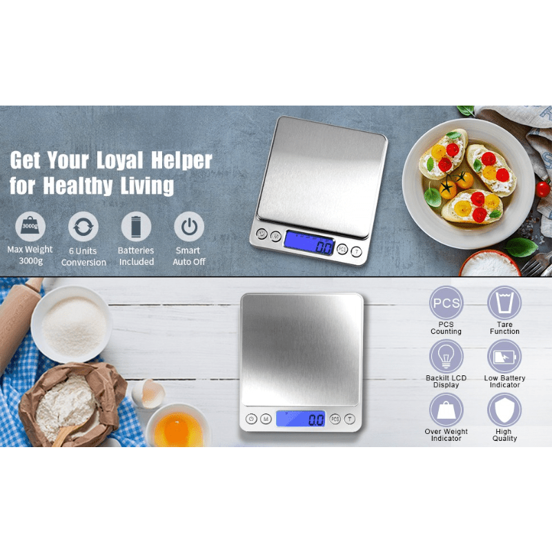Digital Kitchen Scale 3000g 0.1g Accuracy - Pocket Food Scale with 6 Measurement Modes LCD Display and Tare Function - Compact Nutrition Scale for Cooking Baking Coffee and Meal Prep
