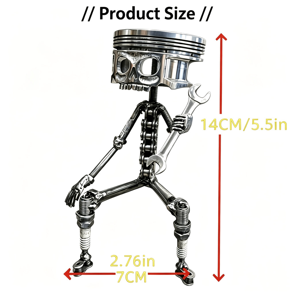 Piston Skull Sculpture with Gear Base Wrench Design Handmade Art Oddities Curiosities Car Enthusiast Home Office Desk Decor Gift
