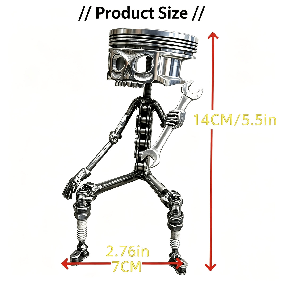 Piston Skull Sculpture with Gear Base Wrench Design Handmade Art Oddities Curiosities Car Enthusiast Home Office Desk Decor Gift
