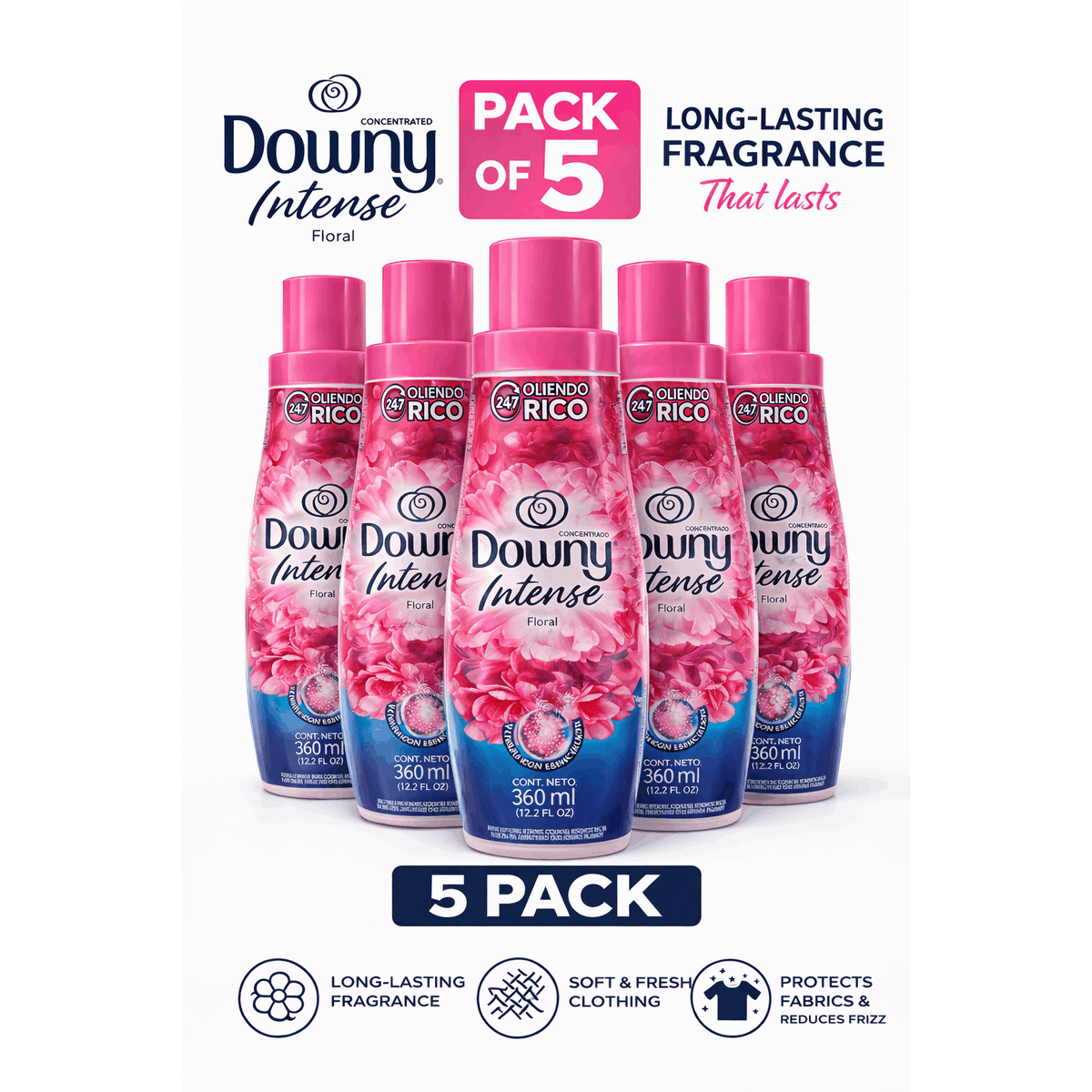 Downy Intense Floral Fabric Softener 5-Pack – 360ml / 12.2 oz Each, Long-Lasting Floral Scent, Concentrated Formula, Soft & Static-Free Fabrics