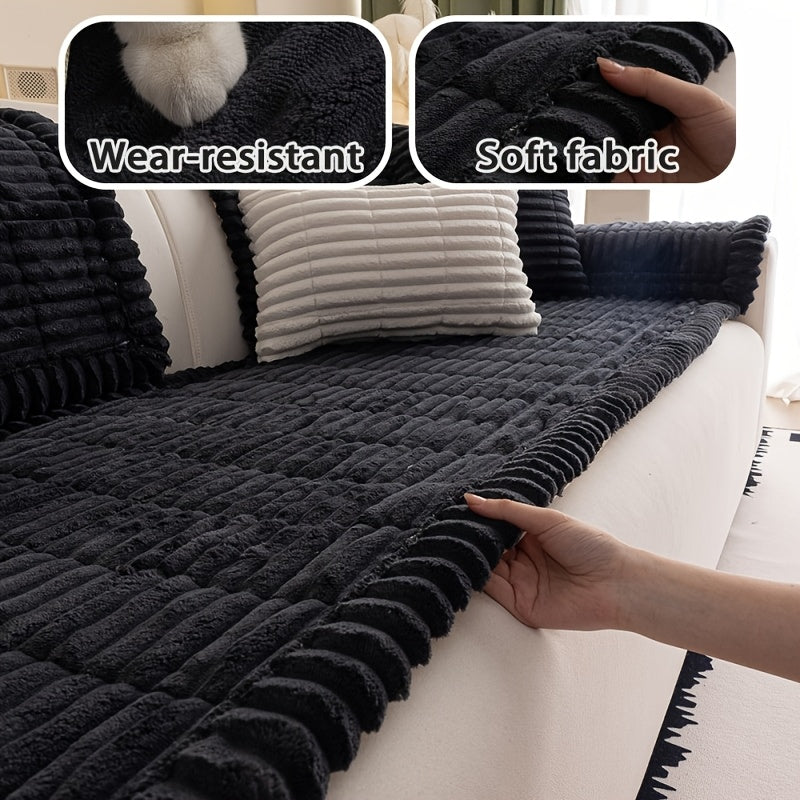 Boho Plush Sofa Cover with Ruffled Edges – Thick Warm Pet-Friendly Couch Protector, Bohemian Style Home Decoration Slipcover for Living Room Sofa Couch Furniture