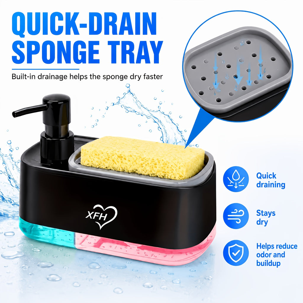 Kitchen Soap Dispenser with 2 Sponges & Dish Brush Holder | BPA-Free Refillable Transparent Pump Dispenser for Sink | Compact Square Design | Black or White