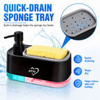 Kitchen Soap Dispenser with 2 Sponges & Dish Brush Holder | BPA-Free Refillable Transparent Pump Dispenser for Sink | Compact Square Design | Black or White