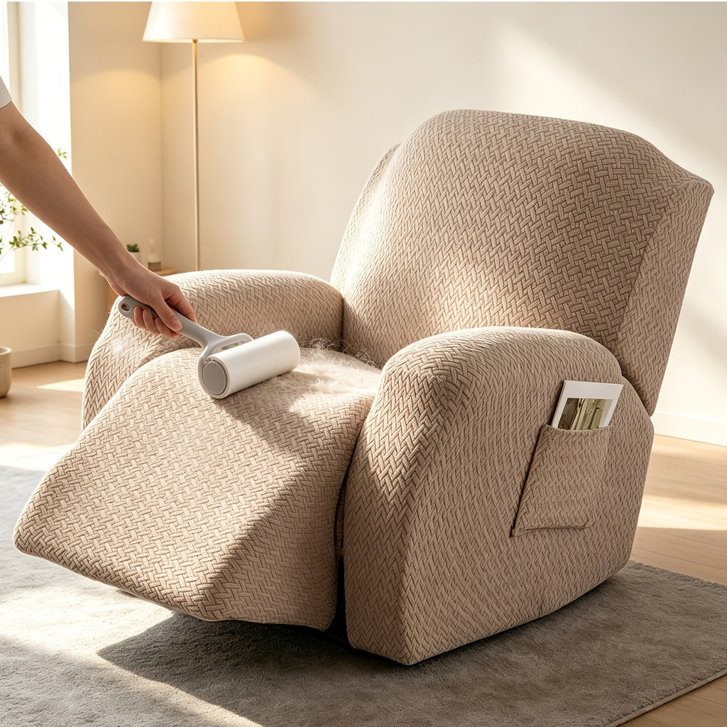 Recliner Sofa Cover 4pcs Set Jacquard Velvet High Elastic with Pocket – Removable Washable Chair & Sofa Protection Cover for Home Hotel, 7 Colors