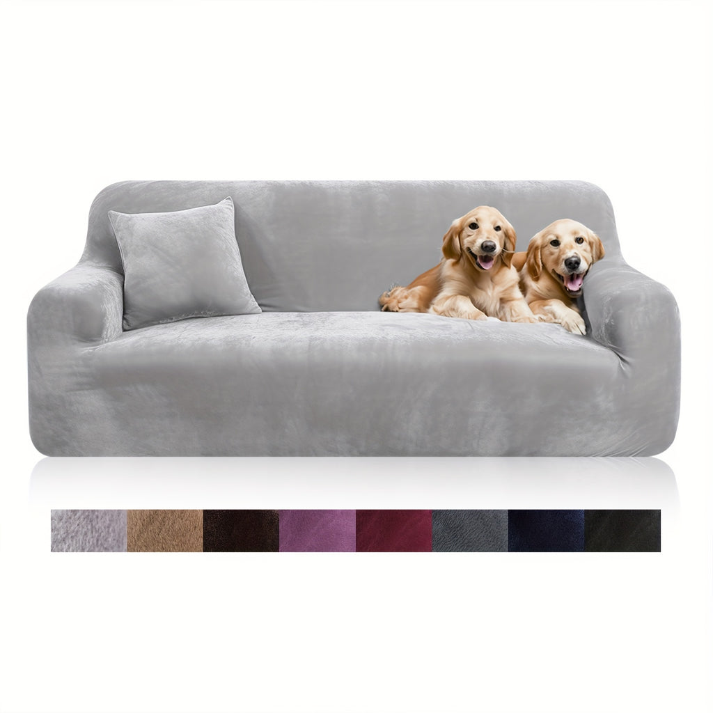 Velvet Stretch Sofa Cover Slipcover – Thick High-Elasticity Plush Couch Cover for L-Shape 1 2 3 4 Seater, Polyester Spandex Furniture Protector with Pillowcase for Living Room