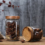 Glass Food Storage Jars with Wooden Lids 4-Piece Set – Airtight Transparent Kitchen Canister Set for Coffee Beans, Spices, Snacks & Dry Goods | 16/25/34/53 oz