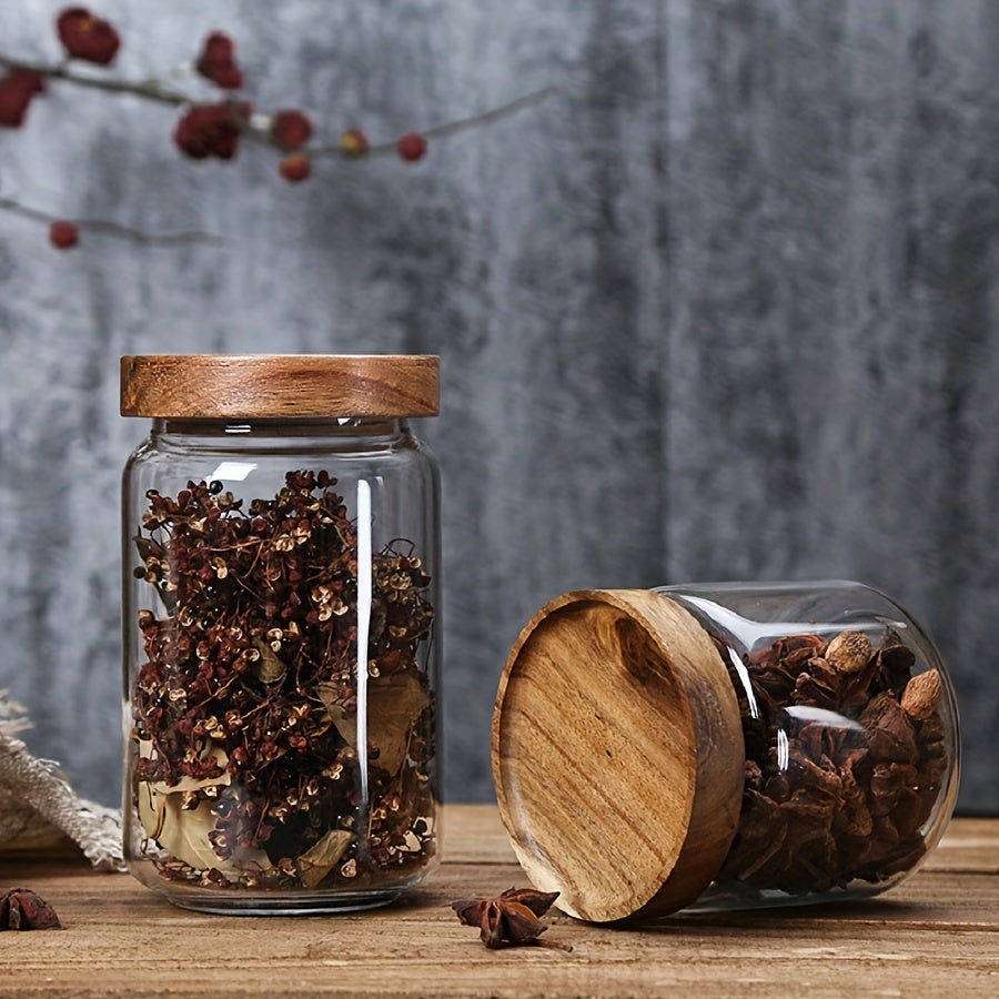 Glass Food Storage Jars with Wooden Lids 4-Piece Set – Airtight Transparent Kitchen Canister Set for Coffee Beans, Spices, Snacks & Dry Goods | 16/25/34/53 oz