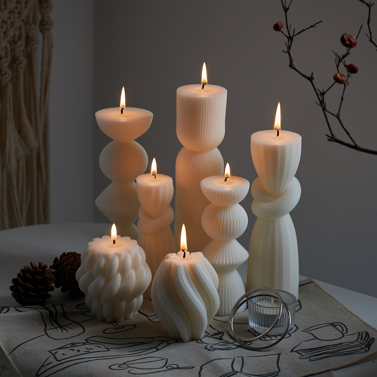 7-Pack Large Ribbed Soy Wax Pillar Candles – Handmade Home Decor Candles for Housewarming Gift, Shelf Decor, Wedding & Dining Table Centerpiece, White, Blue, Black, Orange