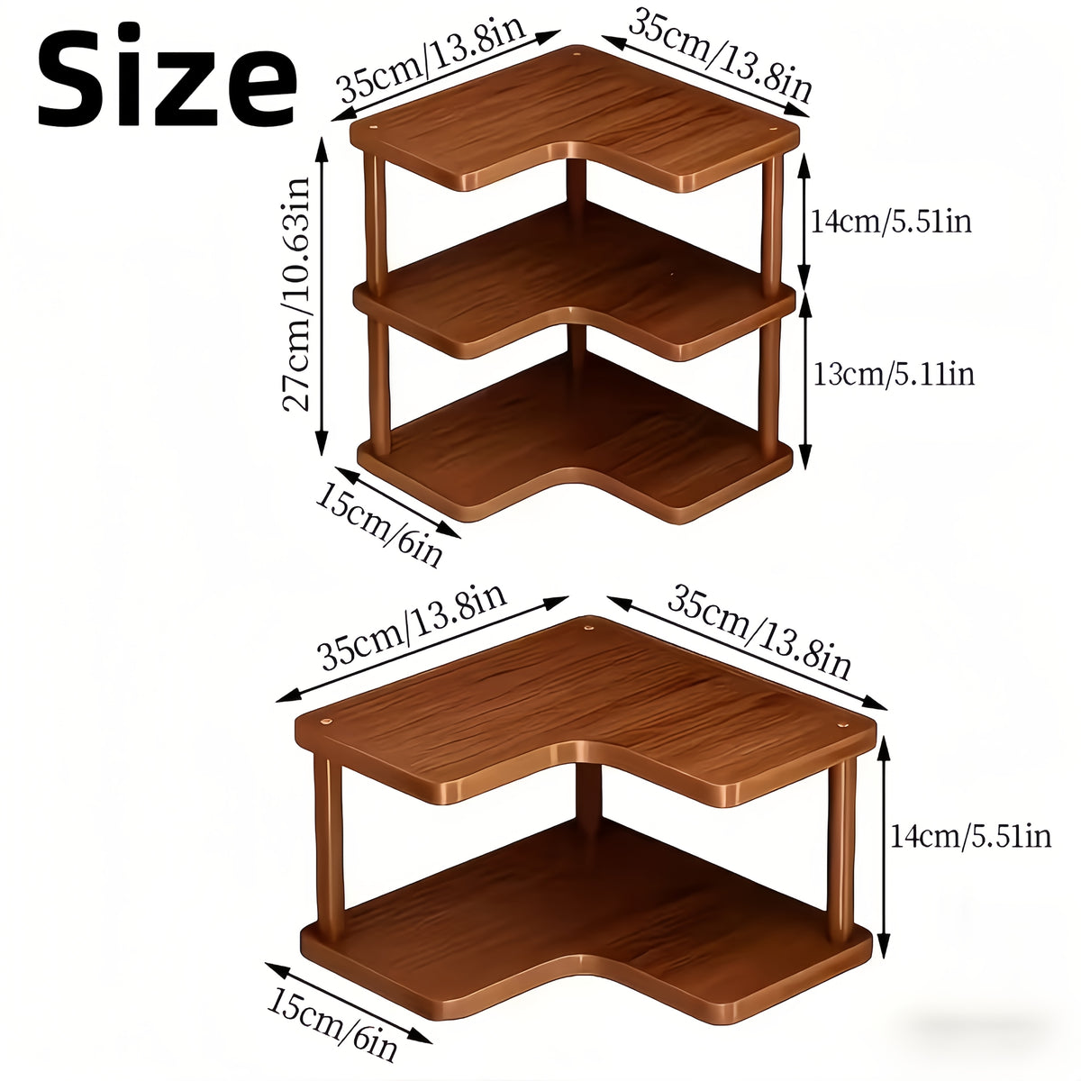 Corner Shelf Organizer – 2 & 3 Tier Triangular Wood Shelf for Kitchen, Coffee Bar, Desk & Wall Corner Storage | Rustic Farmhouse Style