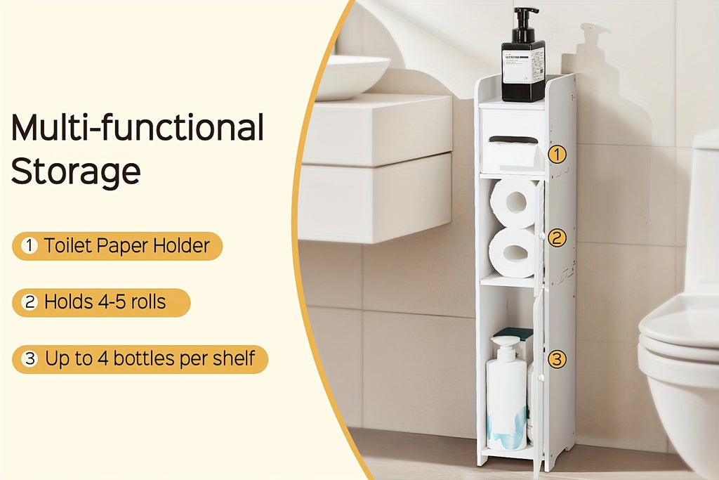 Slim Bathroom Storage Cabinet PVC Organizer with Toilet Paper Holder for Tight Spaces Bathroom Bedroom Living Room Easy Assemble Compact White