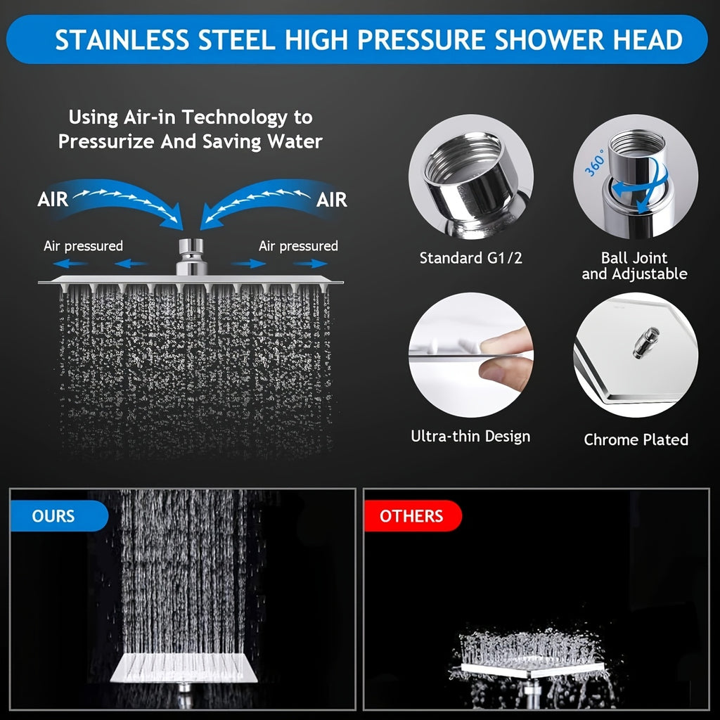 High Pressure Shower Head with Handheld Combo 9-Spray Settings 8 10 12 Inch Rainfall Stainless Steel Hose Adjustable Bracket Chrome Black