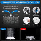 High Pressure Shower Head with Handheld Combo 9-Spray Settings 8 10 12 Inch Rainfall Stainless Steel Hose Adjustable Bracket Chrome Black