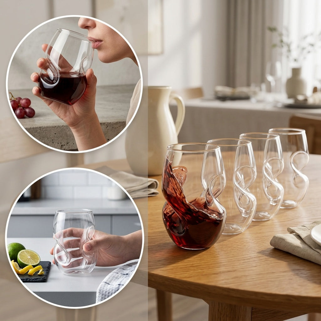 Red Wine Glasses Set of 4 – Borosilicate Glass with Unique Swirling Design, Dishwasher Safe, Large Stem Wine Glass for Home, Parties & Gifting