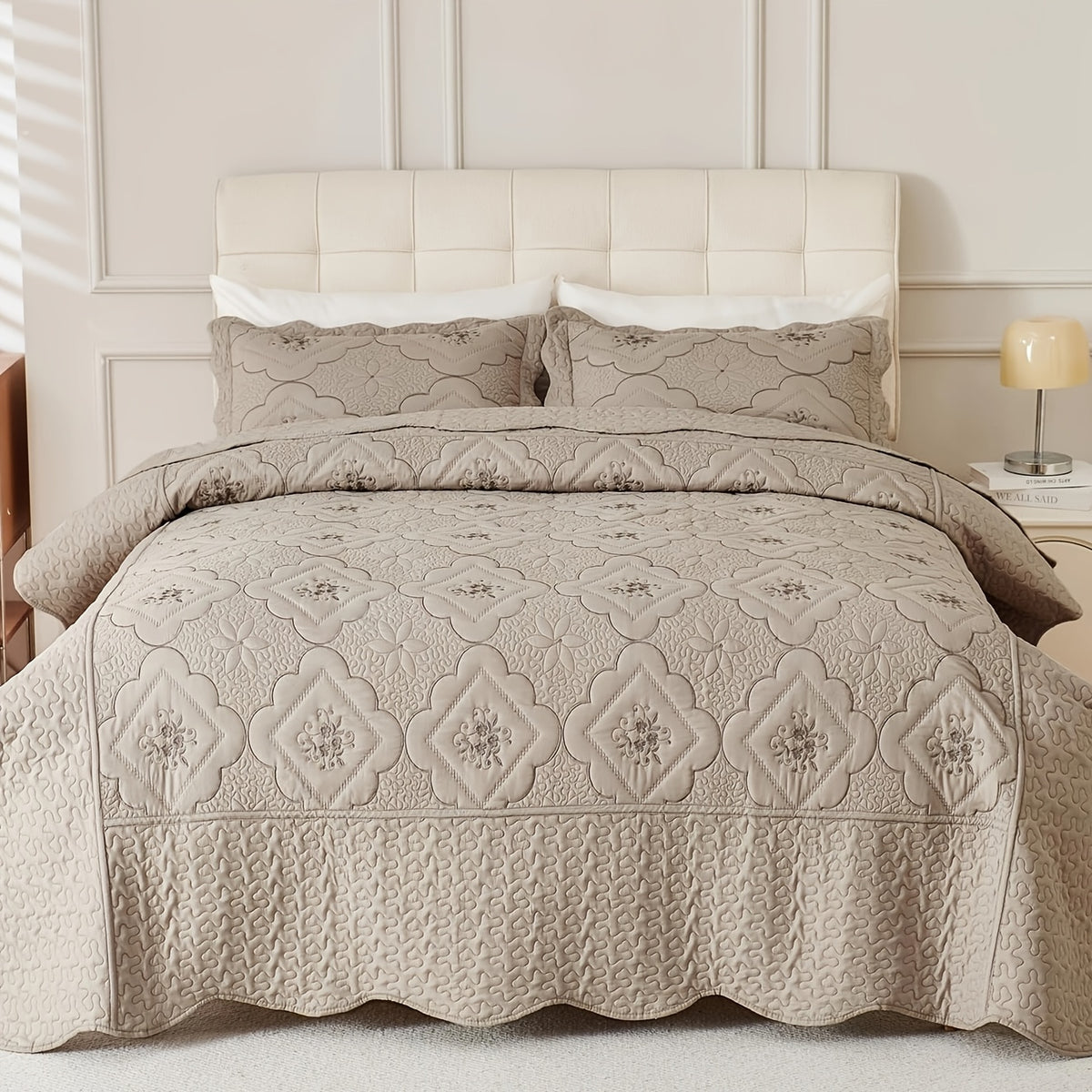 Quilted Embroidered Bedspread Set 3 Pcs – Floral Embroidery, 100% Polyester, Wrinkle-Resistant Lightweight Coverlet for Queen & King Bedroom Decor, 16 Colors