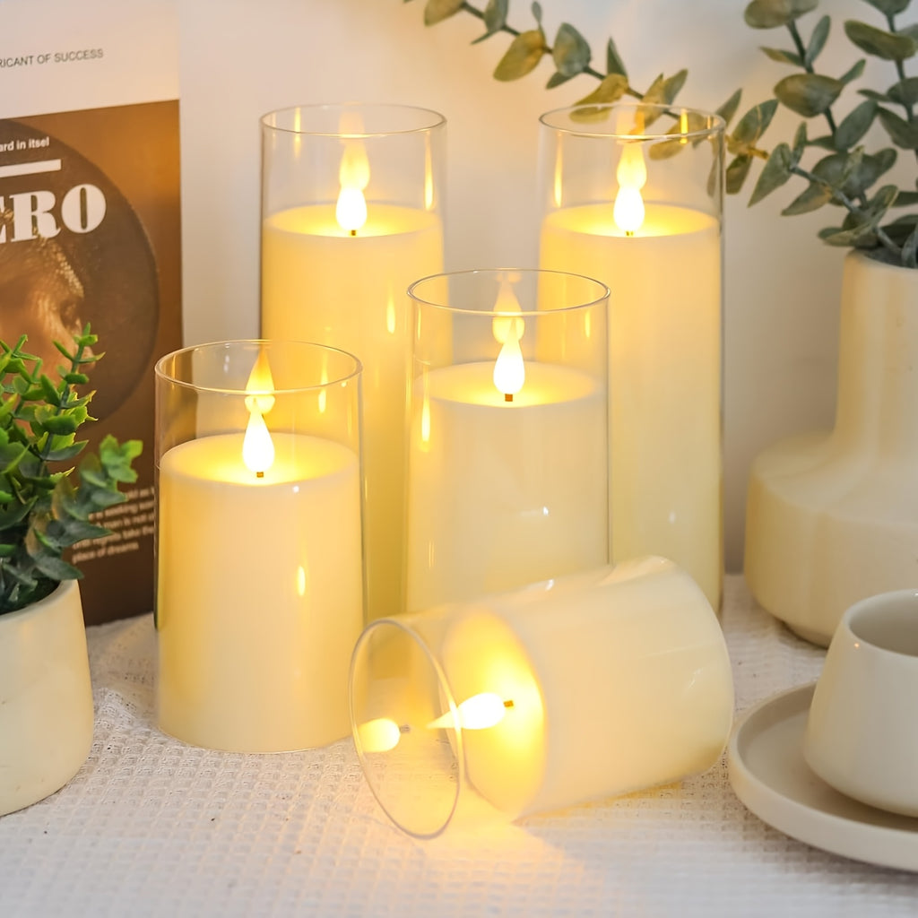 Flameless LED Pillar Candles Set of 5 with Remote Control & Timer, Battery Operated Flickering Candles, 3-Inch Diameter Organic Glass, 4" 5" 6" 8" Sizes - Ivory, Gray & Amber for Home & Halloween Decor