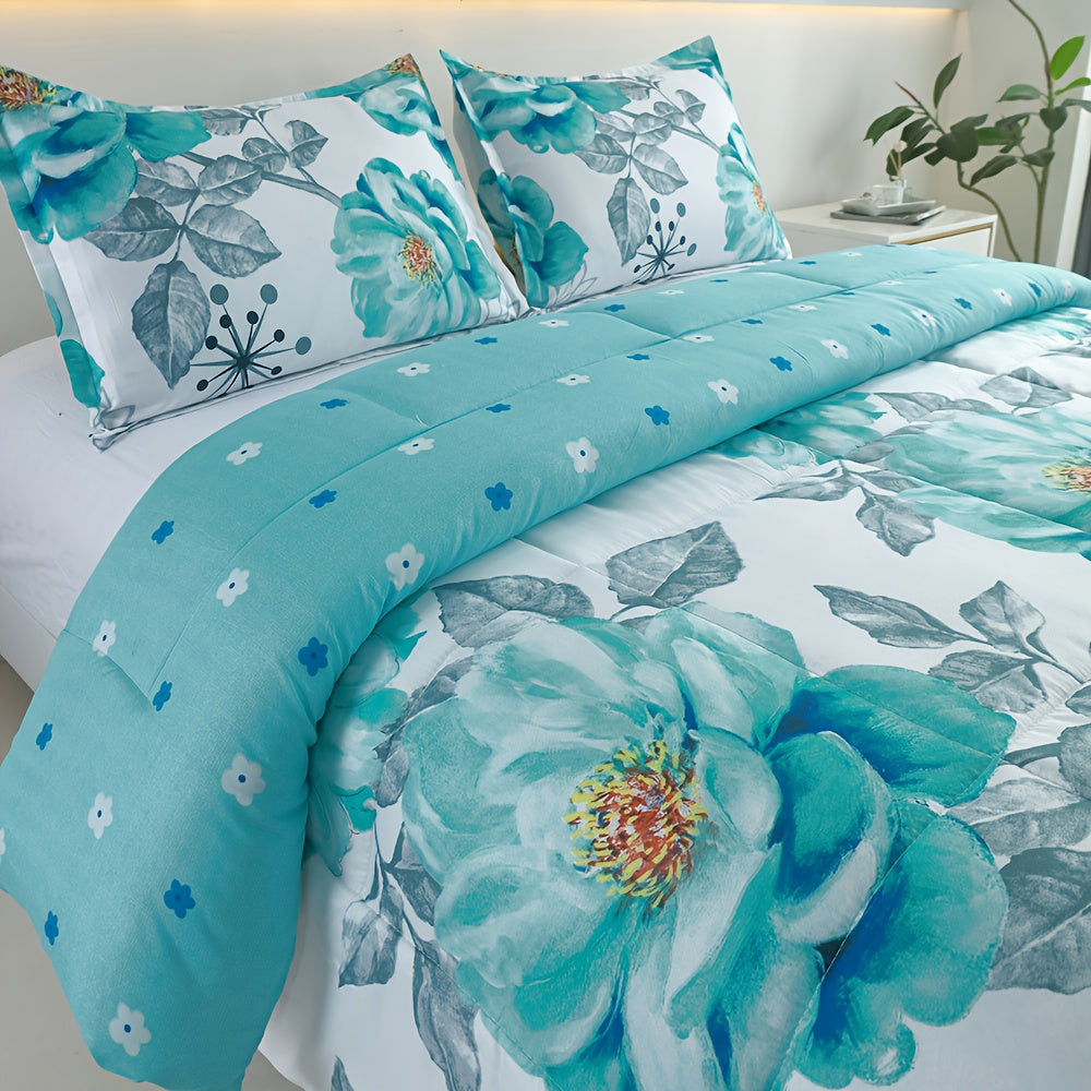 Reversible Floral Comforter Set 2/3 Piece – Dual-Sided Pattern & Color, Lightweight All-Season Quilt with Pillowcases, Soft Bedding Set Twin Queen King