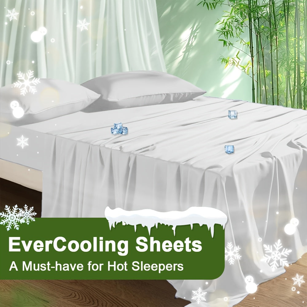 Cooling Bamboo Bed Sheet Set 4-Piece - Soft Lightweight Breathable Deep Pocket 16" Fitted Sheet, Flat Sheet & 2 Pillowcases, Machine Washable Summer Bedding, Twin Full Queen King, 12 Colors