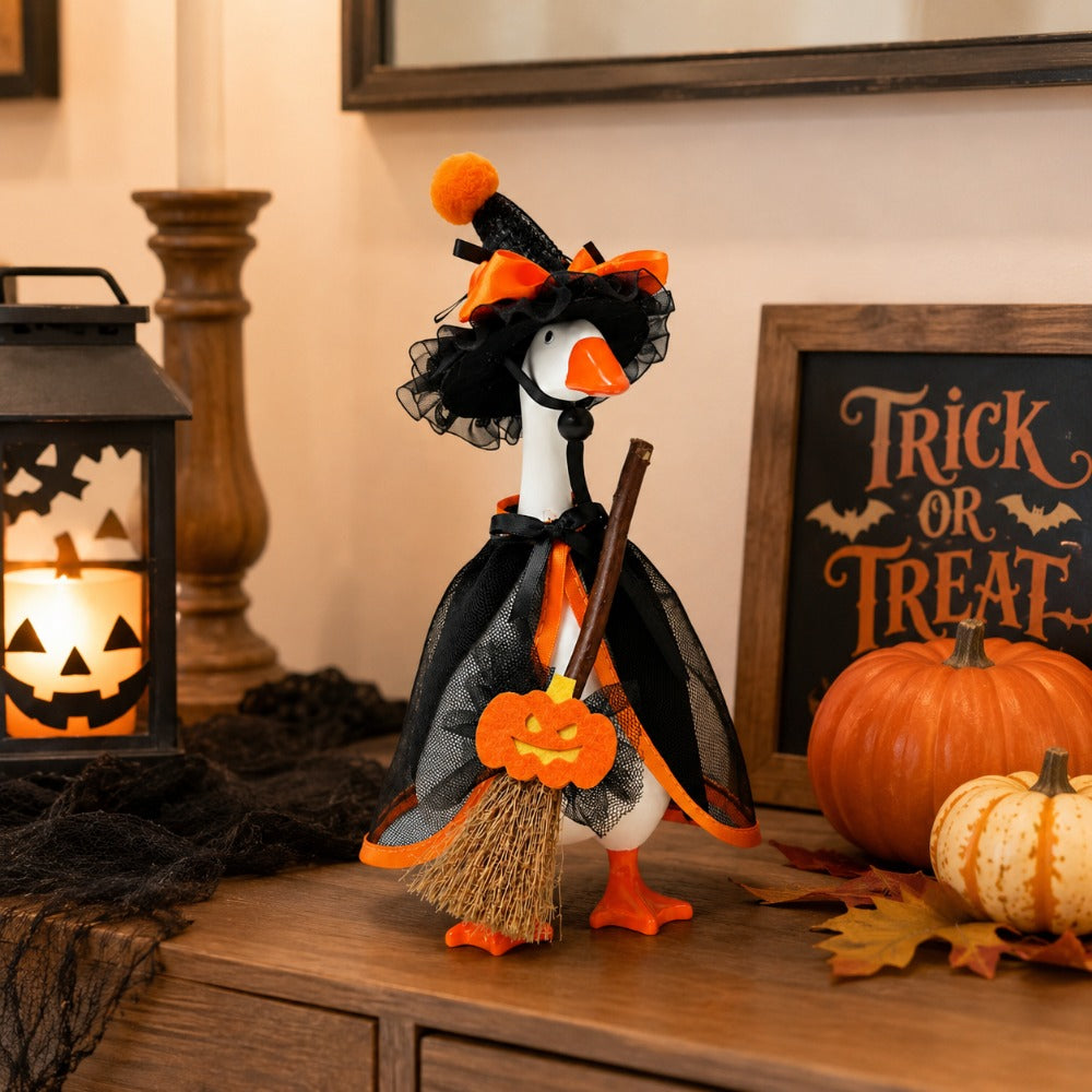 Witch Goose Dress-Up Set 4 Piece – 7-Inch Halloween Goose Statue Costume with Black Mesh Cape, Hat, Lining & Pumpkin Broom | Tabletop Goose Decor Outfit for Indoor & Porch Decoration