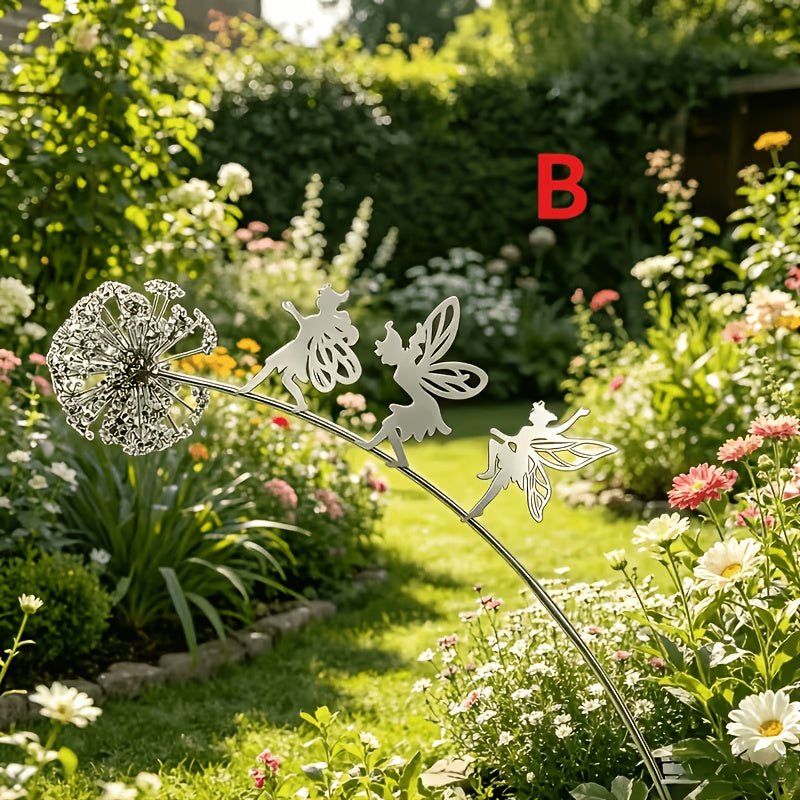 Stainless Steel Dancing Flower Fairy & Dandelion Garden Sculpture, Weather-Resistant Metal Outdoor Art Decor for Patio, Courtyard & Lawn, No Electricity Needed, Valentine's Day & Holiday Gift