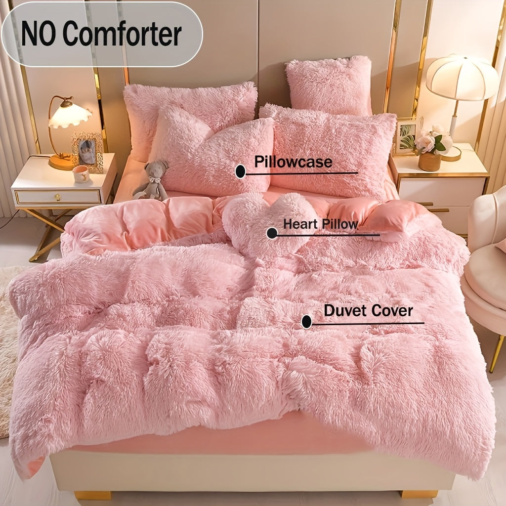 Plush Faux Fur Duvet Cover Set for Kids & Teens, 3/4 Pcs with Pillowcases & Heart Pillow, Super Soft Warm Faux Fur Comforter Cover, Machine Washable Lodge Style Bedding, Twin Queen King