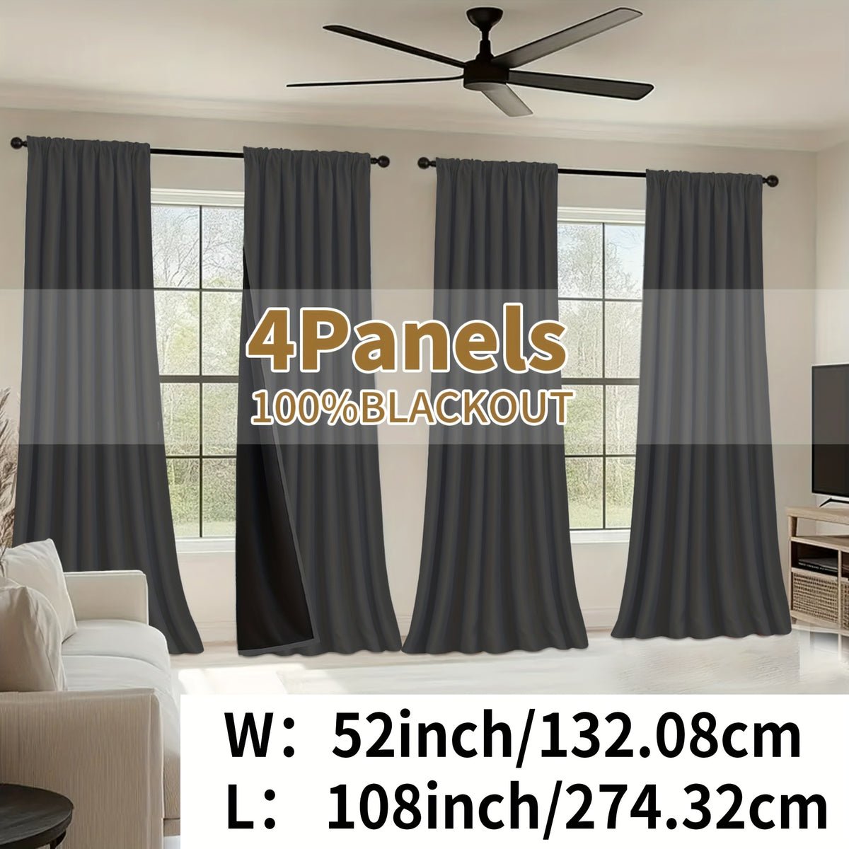 Blackout Curtains Rod Pocket 4 Panels - Thermal Insulated Room Darkening Noise Reducing Matte Drapes for Bedroom Living Room Office, 9 Colors 11 Sizes