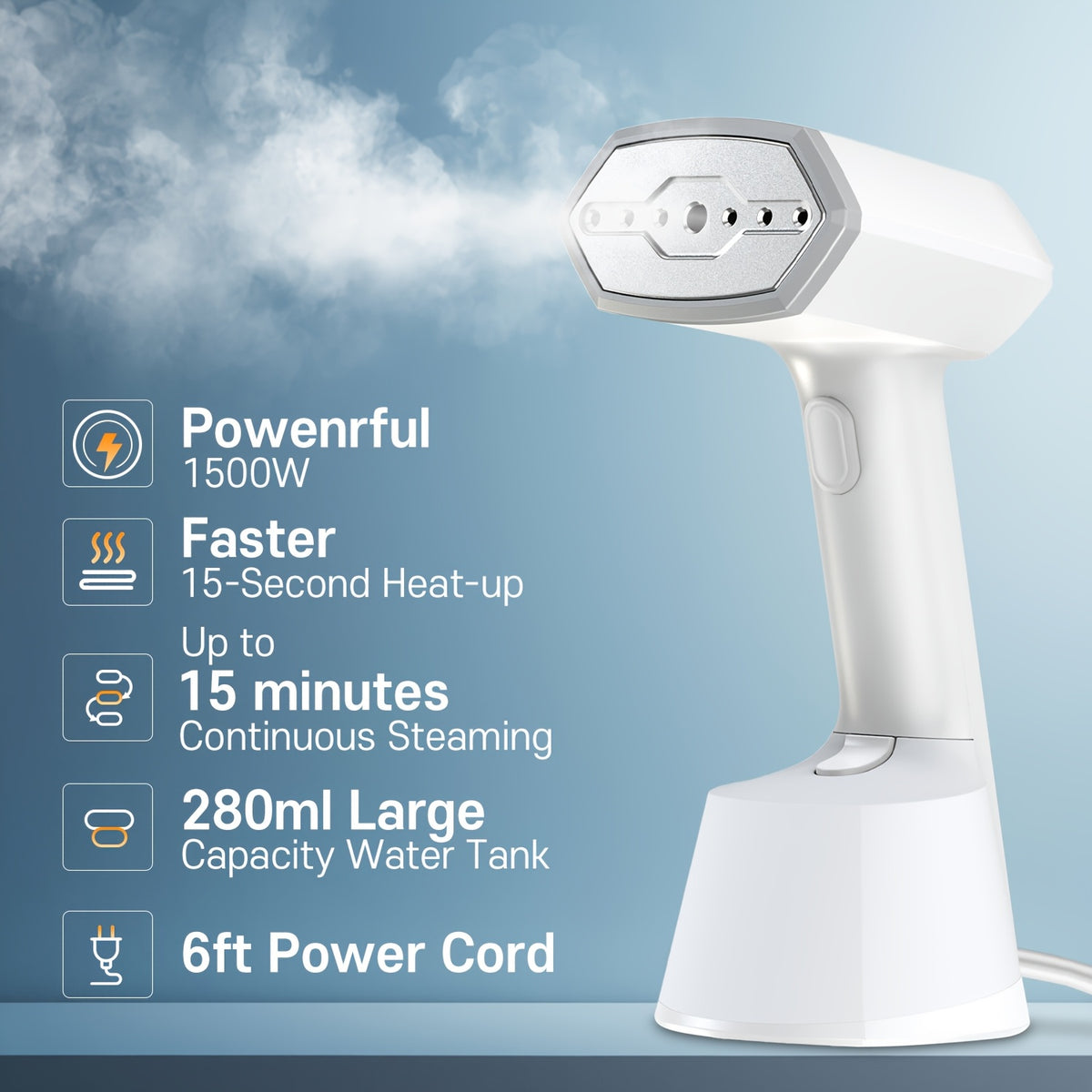 Handheld Travel Garment Steamer 15-Second Heat-Up – 9.47oz Large Tank, Portable Clothing Steamer for Home, Office & Travel | White