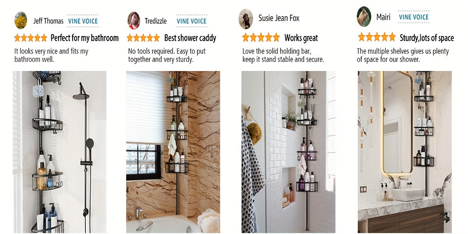4-Tier Corner Shower Storage Rack No-Drill Telescopic Floor Standing Organizer – Rust-Resistant Stainless Steel, Adjustable 47–121 Inch, Bathtub Shampoo Shelf in Black