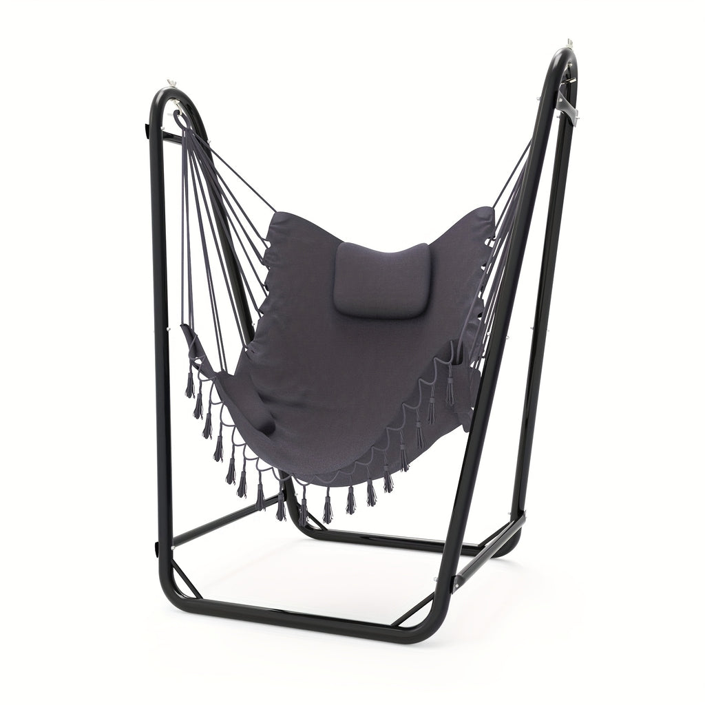 U-Shaped Hammock Chair Stand Double Tube Steel 350 lbs Capacity Rust-Resistant Powder Coat Indoor Outdoor Hanging Lounge Chair with Side Pocket Free Grey Swing