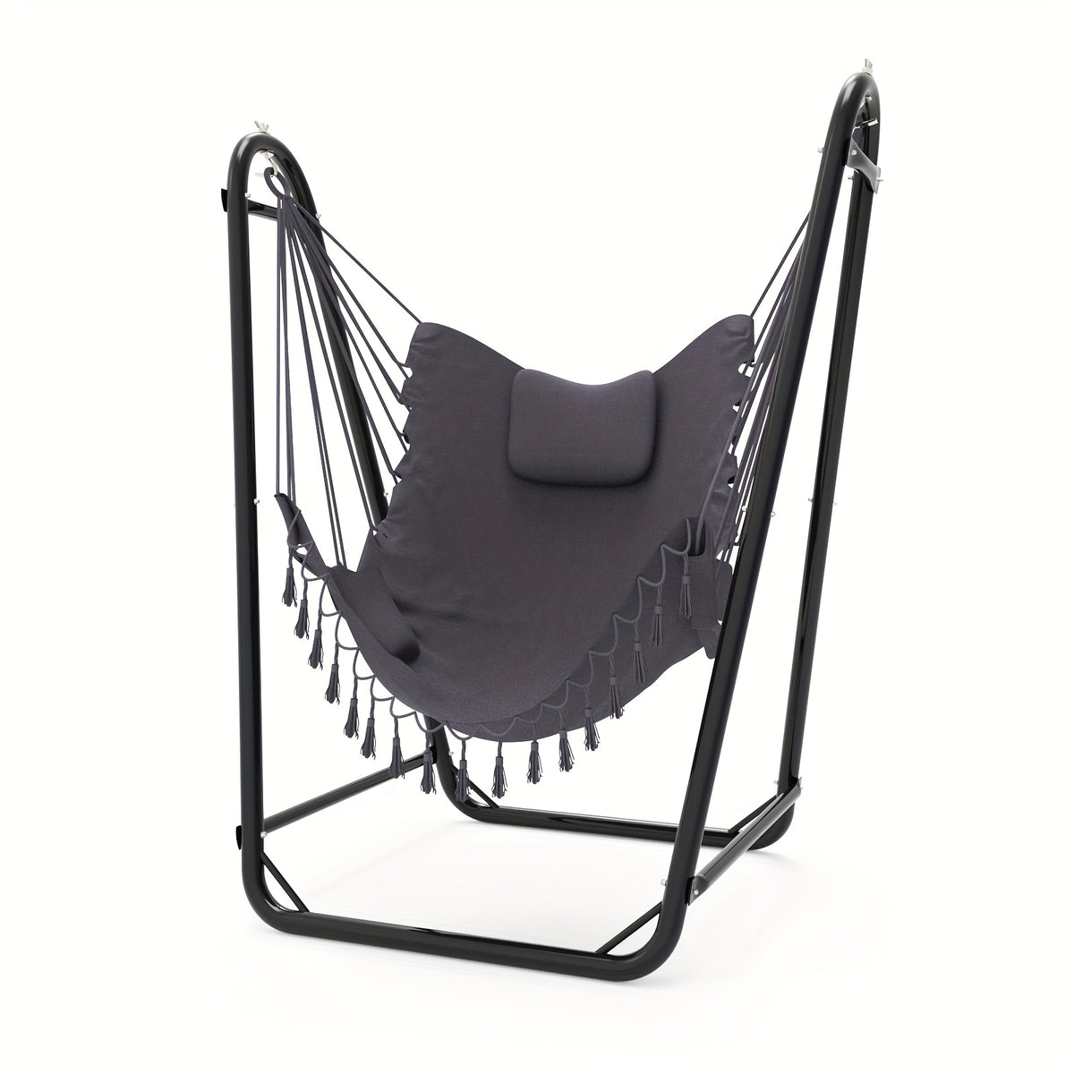 U-Shaped Hammock Chair Stand Double Tube Steel 350 lbs Capacity Rust-Resistant Powder Coat Indoor Outdoor Hanging Lounge Chair with Side Pocket Free Grey Swing