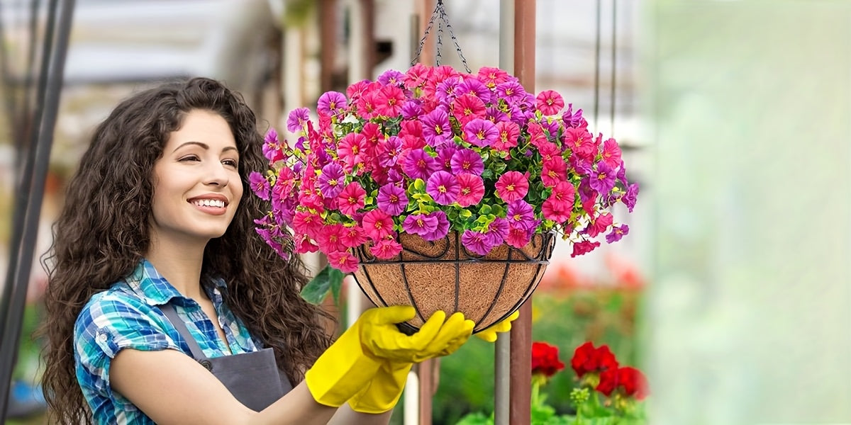 UV-Resistant Artificial Hanging Flowers with Container – Fake Petunia Hanging Plants in 6 Colors, Realistic Faux Blooms for Outdoor Garden, Patio, Porch, Balcony Railing, Wedding & Mother’s Day Decor
