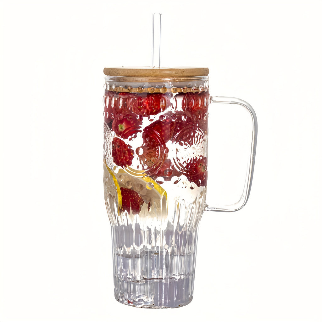 32oz Vintage Glass Cup with Handle Bamboo Lid and Straw | Borosilicate Sunflower Tumbler for Hot Cold Drinks Iced Coffee Juice