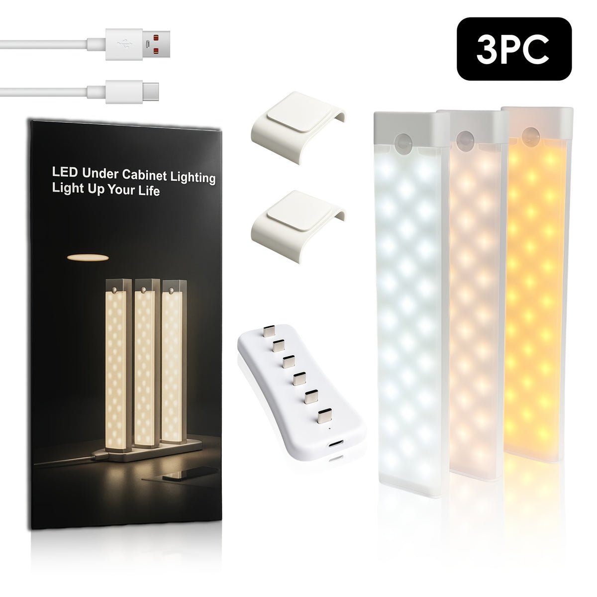 Rechargeable LED Under Cabinet Lights 3-Pack with Charging Station Wireless Motion Sensor Dimmable Night Light for Stairs Hallway Bookshelf