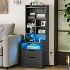 Tall Nightstand with LED Lights & Charging Station | 2 Drawers, Bookshelf & Storage Shelves, 50" Bedside End Table – Gray & Black