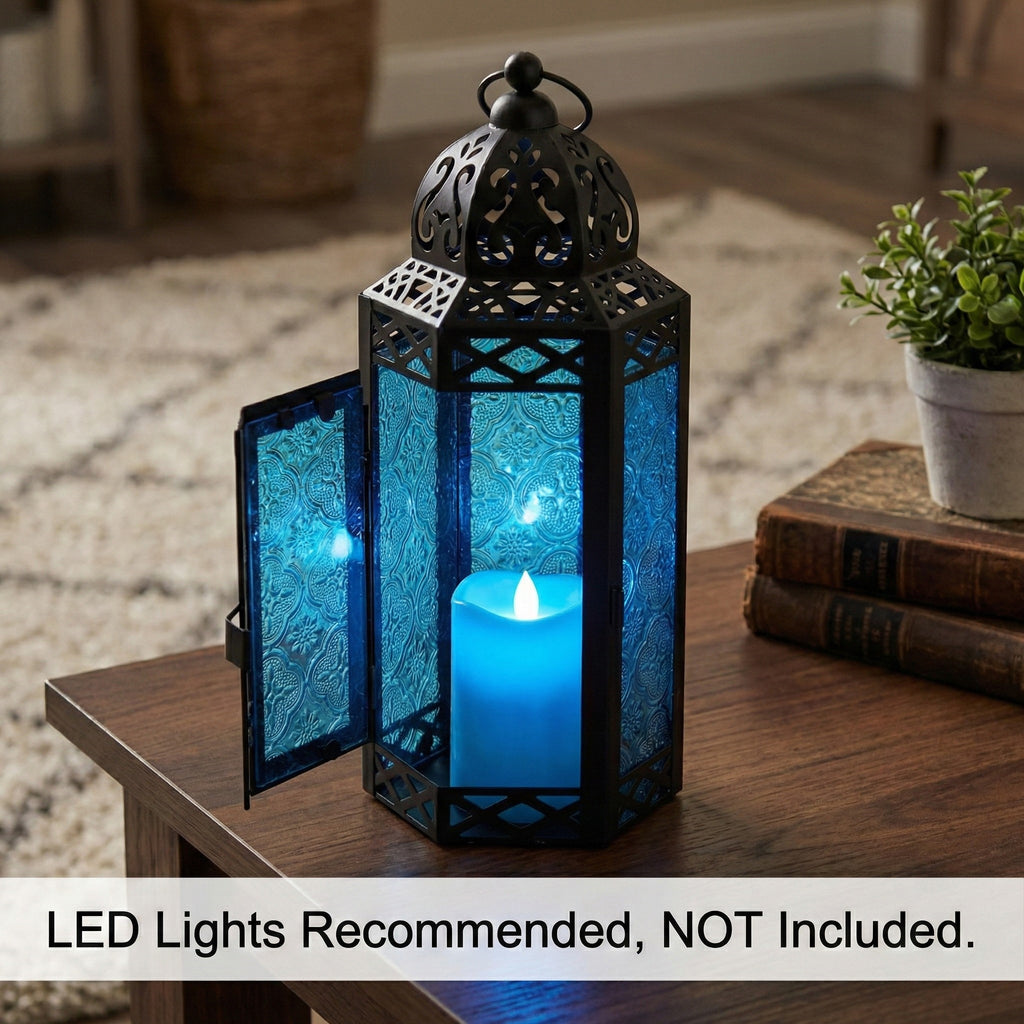 Moroccan Candle Lantern Holder Medium 10.5 Inch – Handcrafted Glass Iron Metal Lantern with Embossed Floral Panels, 17 Colors, Indoor Outdoor Use for Ramadan, Wedding, Patio, Diwali & Home Decor