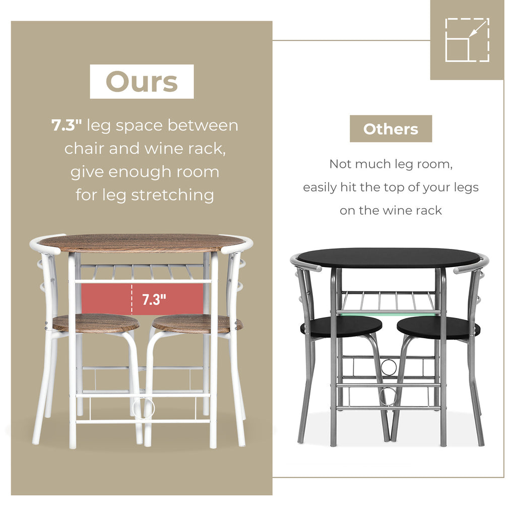 3-Piece Bistro Dining Set Drop Leaf Table and 2 Chairs Space Saving Kitchen Table Set for 2 with Wine Rack Metal Frame for Small Space Apartment Breakfast Nook