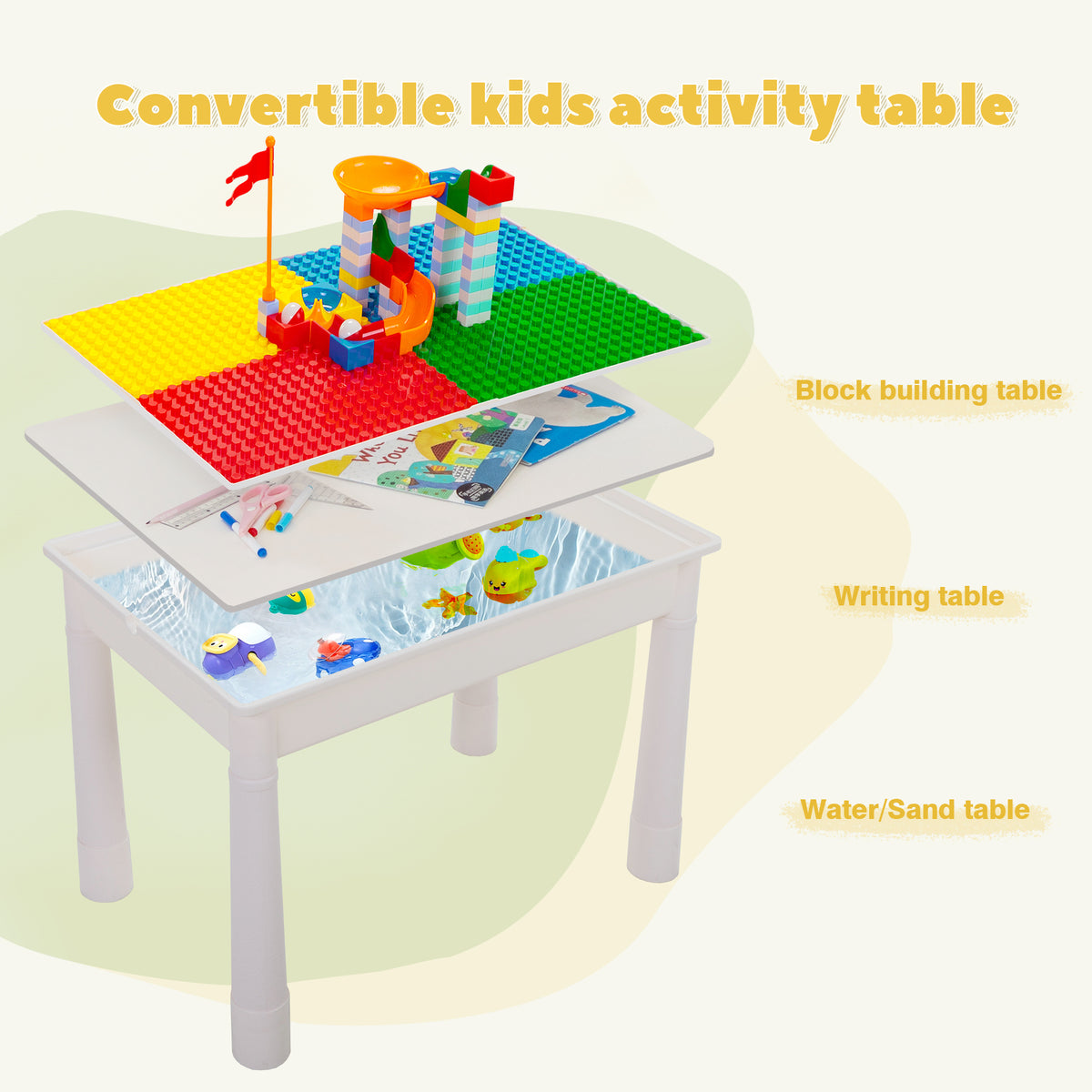 Kids Activity Table Set with 2 Chairs & 100Pcs Building Blocks – 7-in-1 Toddler Play Table, Adjustable Height, Water Sand Writing Block Table for Boys Girls Ages 3-6, STEM Learning Toy Gift