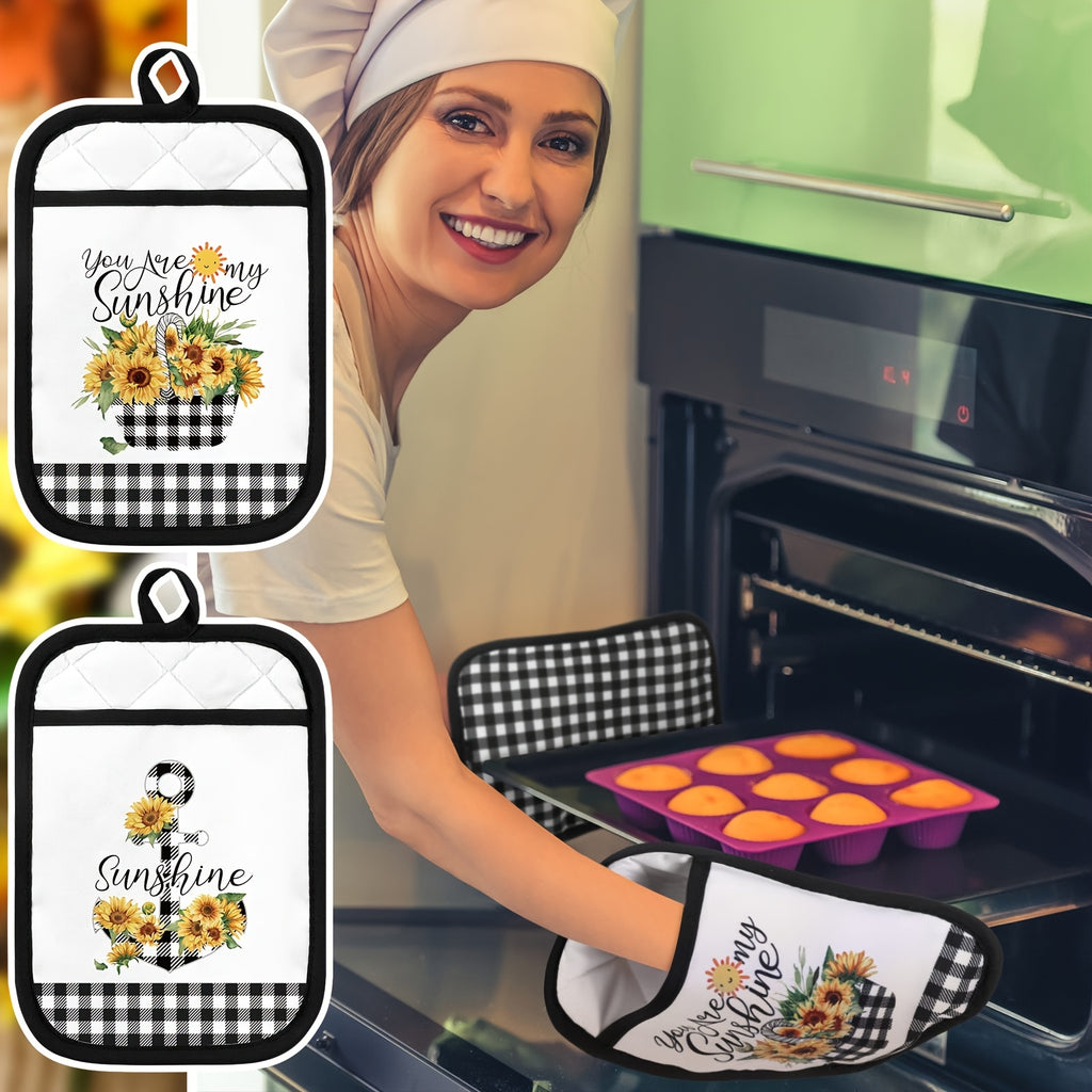 8-Piece Pot Holders Set with Pocket – Buffalo Plaid Oven Mitts, Sunflower Hot Pads & Cookie Bag, Farmhouse Kitchen Gift for Christmas, Baking & Cooking