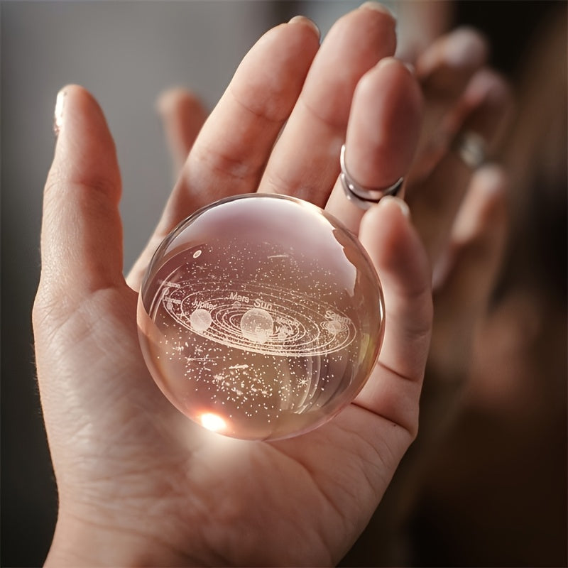 Solar System Crystal Ball LED Night Light with Wooden Base - 3D Laser Engraved Planetary Model Space Lamp for Bedroom Living Room Desk Decor, Gift for Astronomy Enthusiasts and Space Educators