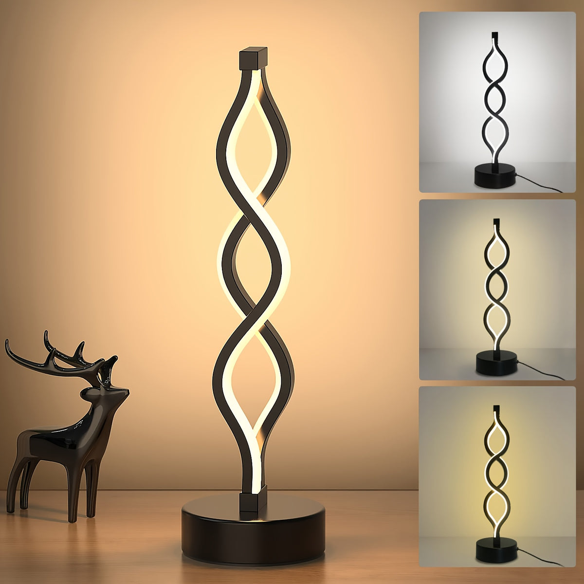 Spiral LED Table Lamp Dimmable 3-Color Modern Minimalist Bedside Lamp - Creative Wave Design Desk Lamp with Metal Base & USB Charging, Small Night Lamp for Bedroom, Living Room, Office & Study
