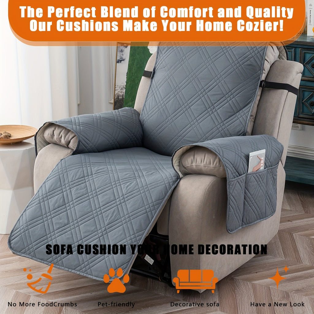 Waterproof Recliner Cover Pet Scratch-Resistant, 5-Layer Quilted Non-Slip Recliner Chair Slipcover with Pocket & Elastic Straps, Easy-Care Polyester Furniture Protector for Living Room, Bedroom & Office, Coffee/Gray