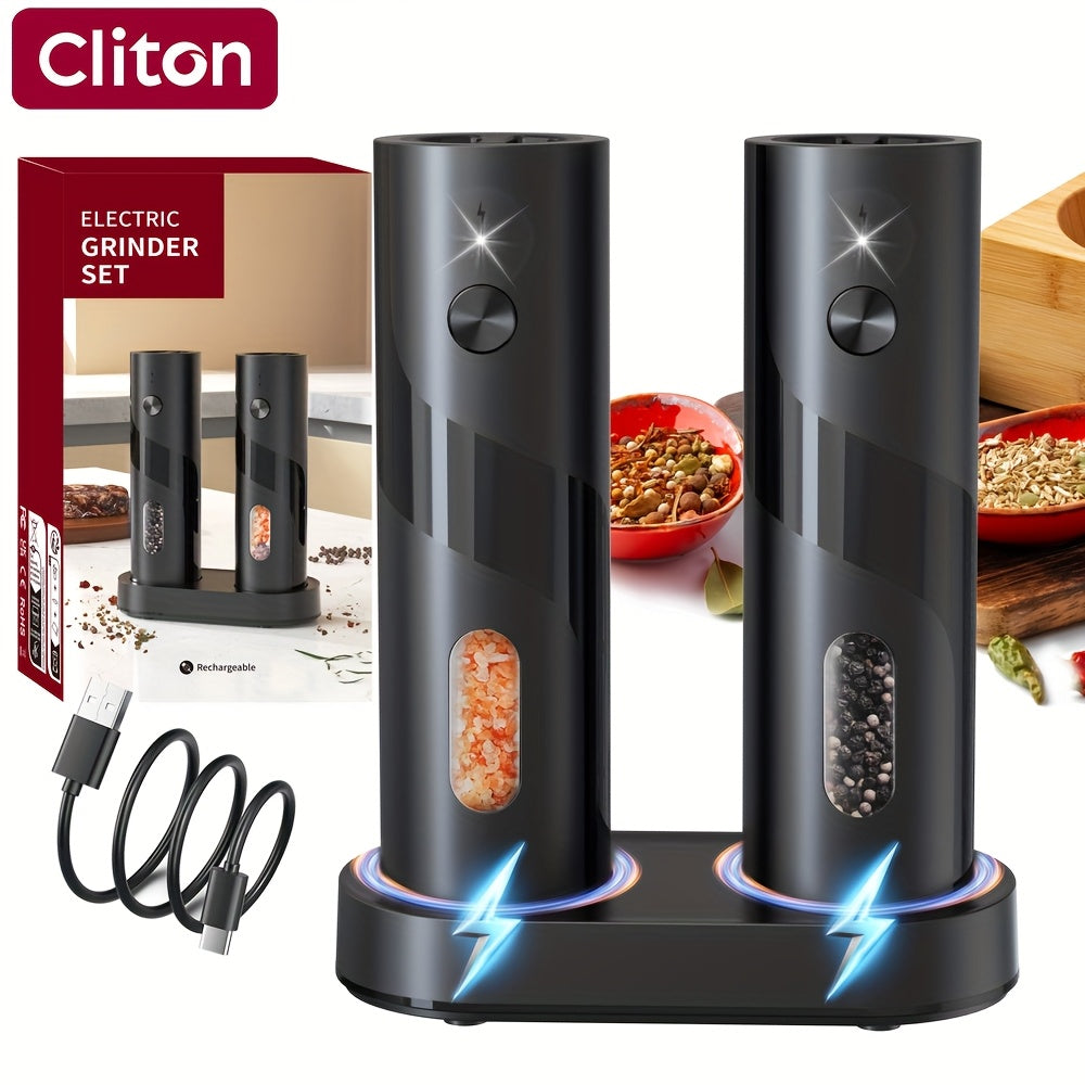 Electric Salt and Pepper Grinder Set 2-Piece USB Rechargeable with LED Light & Charging Base - One-Hand Automatic Salt Pepper Mill Shaker Set for Kitchen Cooking Dining Gift, Black/Green