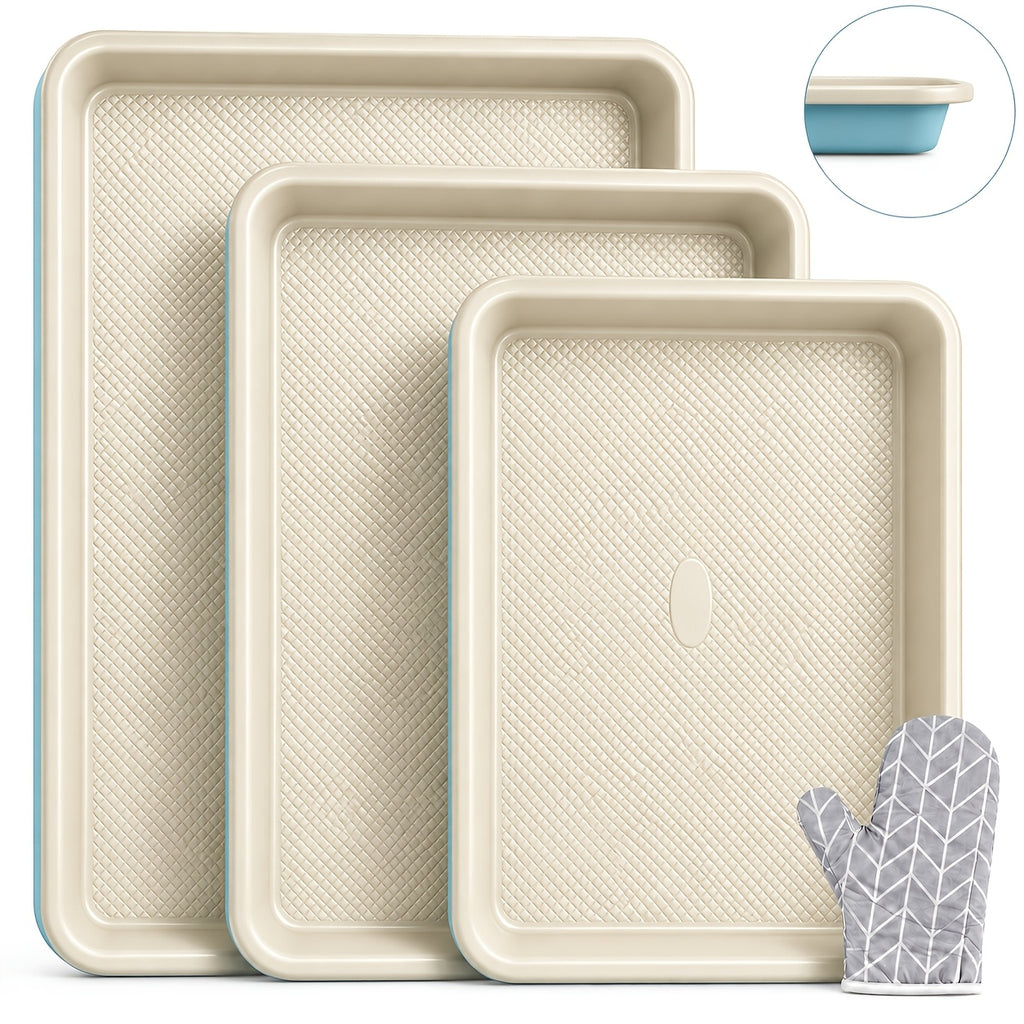 Baking Sheet Pan Set of 3 Heavy Duty Cookie Sheets - Diamond Texture Commercial Grade Steel 13/15/18 Inch, 0.8mm Thick Oven Pans for Baking Cookies, Roasting, Sheet Cake, with Oven Gloves Option