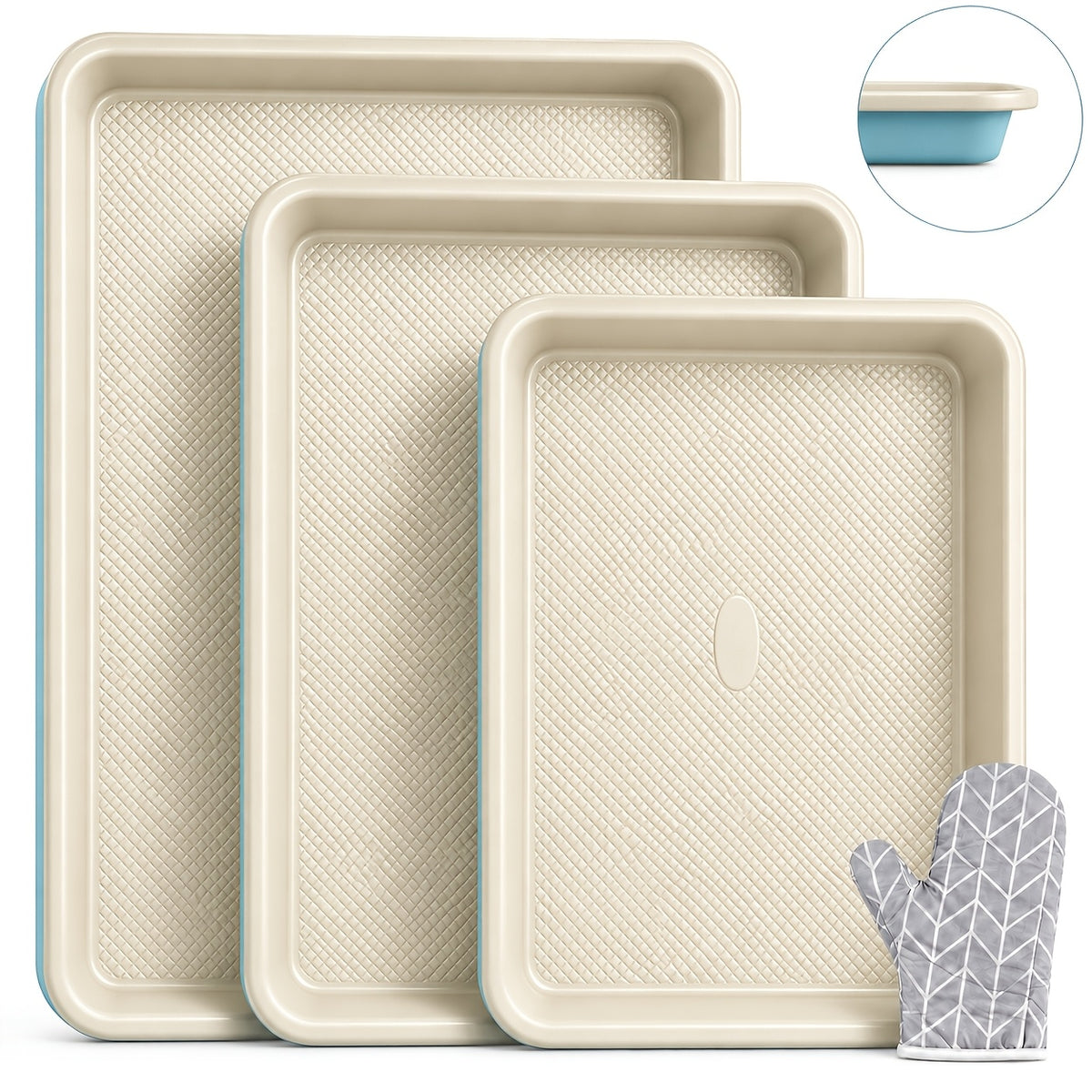Baking Sheet Pan Set of 3 Heavy Duty Cookie Sheets - Diamond Texture Commercial Grade Steel 13/15/18 Inch, 0.8mm Thick Oven Pans for Baking Cookies, Roasting, Sheet Cake, with Oven Gloves Option
