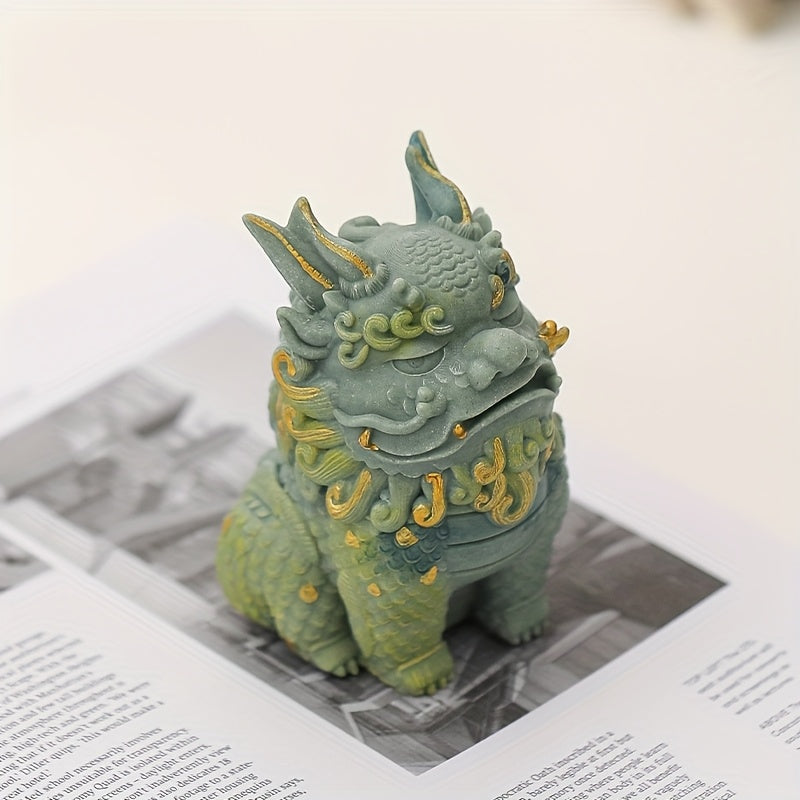 Pixiu Statue Wealth & Blessings Stone Figurine with Golden Floral Designs – Feng Shui Mythical Creature Decorative Sculpture for Living Room, Cabinet, Office & Home Display Gift