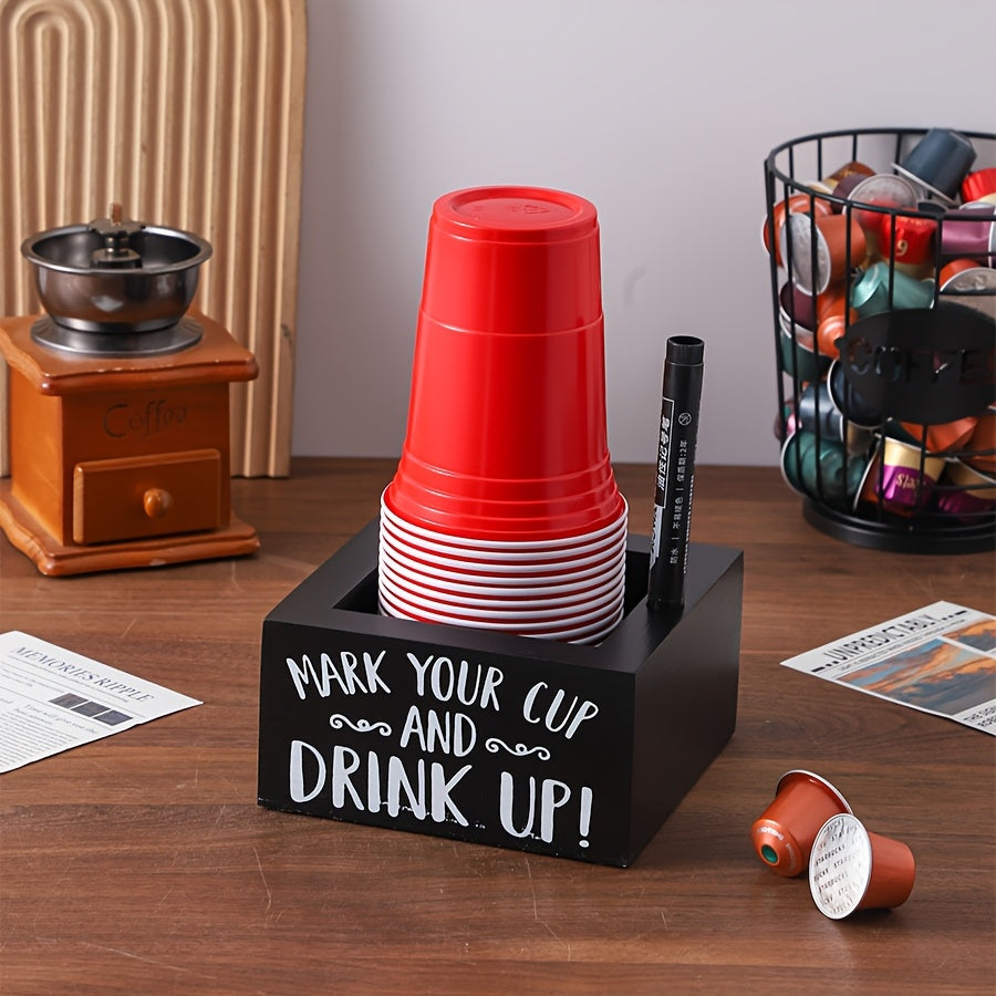 Wooden Cup Holder Desktop Organizer "Mark Your Cup & Drink Up" – Party Cup Rack for Coffee Bar, Desk, Vanity & Cosmetics Storage, Rustic Wood Farmhouse Kitchen Decor & Office Accessories