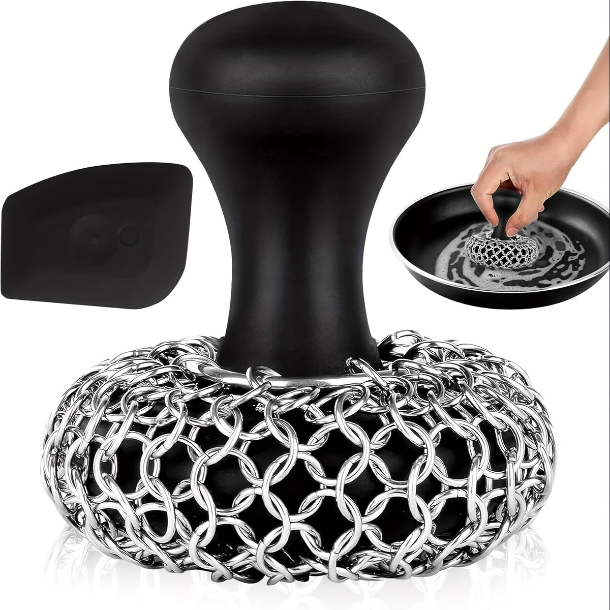 Cast Iron Cleaning Kit with 316 Stainless Steel Chainmail Scrubber – Cleaning Brush, Pan & Grill Scrapers for Skillet, Wok, Grill & Pre-Seasoned Cookware, Ergonomic Cast Iron Care Set